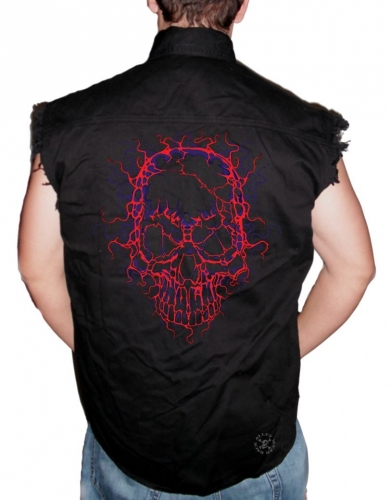 Neon Cracked Skull Sleeveless Denim Shirt