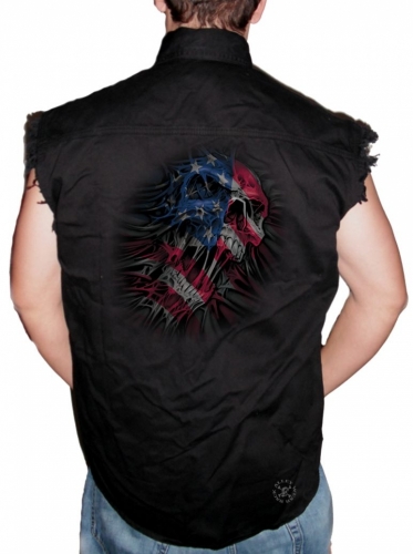 US Flag Skull Sleeveless Denim Shirt