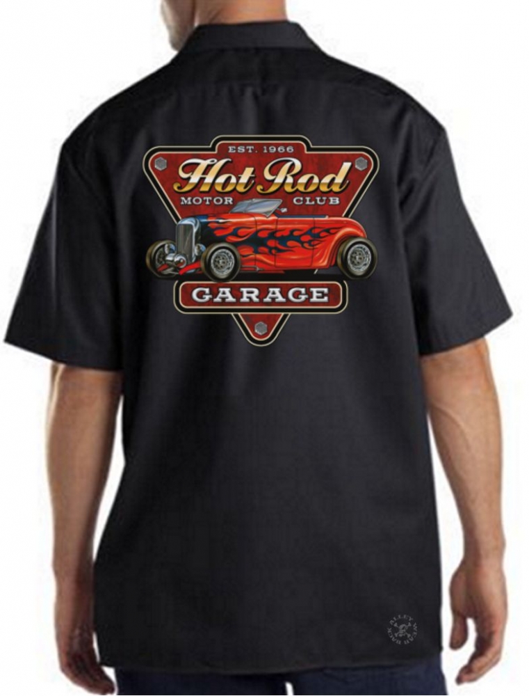 Set the pace for hard work under the hood wearing a custom Hot Rod Garage  mechanic work shirt. You will be ready to hit the road before you know it