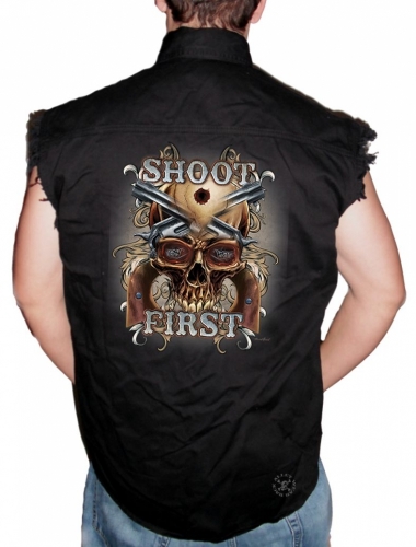 Shoot First Skull Sleeveless Denim Shirt
