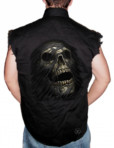 Skull Tear Sleeveless Denim Shirt
