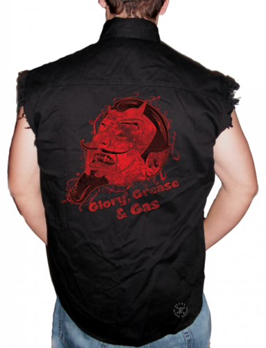 Glory, Grease, & Gas Devil Sleeveless Denim Shirt