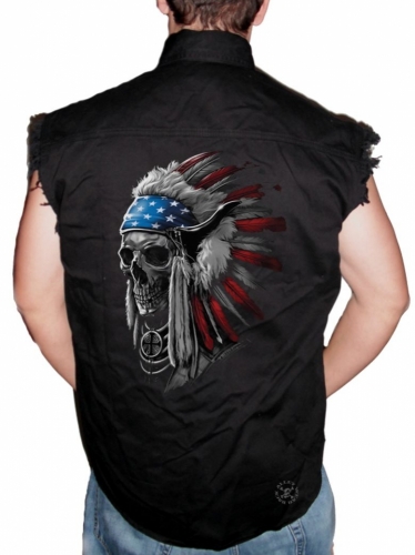 Patriotic Chief Skull Sleeveless Denim Shirt