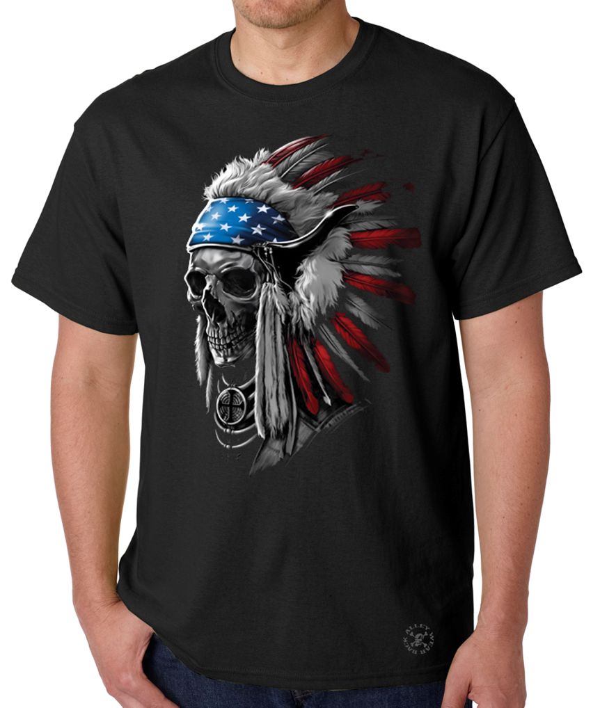 Patriotic Chief Skull T-SHIRT ~ Native American Tee ~ Indian Headdress ...
